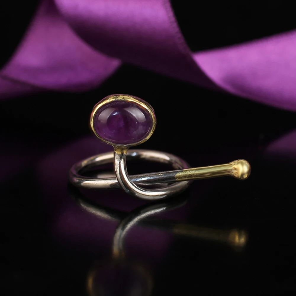 

Уникальное дизайнерское кольцо с аметистом, серебряное кольцо ручной работы с узлом, драгоценный камень на день рождения