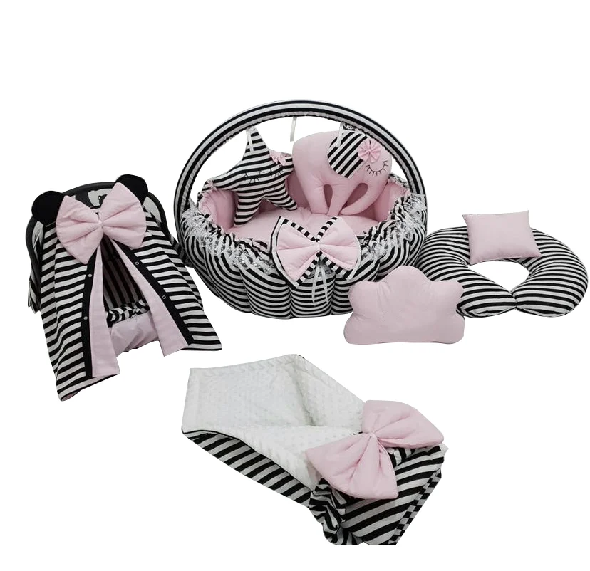 Jaju Baby Handmade Pink and Black Striped Design Luxury Play Mat Babynest 9 Piece Set Portable Baby Bedding Set Mother Side