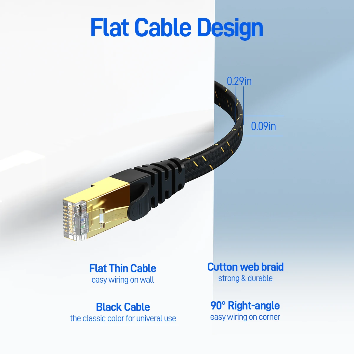 Кабель Ethernet AMPCOM Cat7 Плоский кабель для локальной сети SFTP круглый сетевой RJ45 CAT7