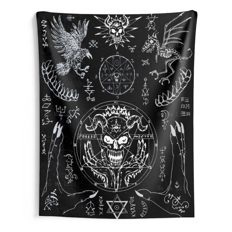 

Gothic Witchy Moon Skulls Demon Face Wall Hanging Occult Crow Hands Skeleton Magic Seals Pentagram Satan Mystic Tapestry