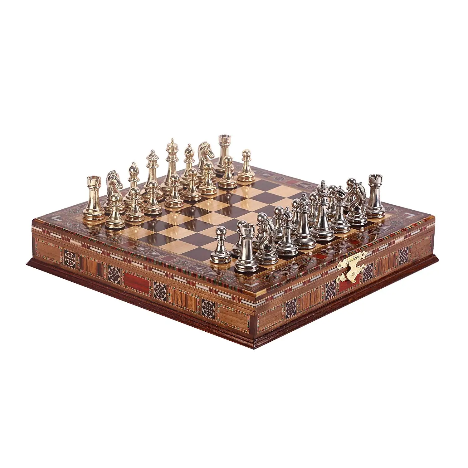 Classic Chess Set Handmade Pieces Natural Solid Wooden Board with Pearl Design Around and Storage Inside King 7 cm |
