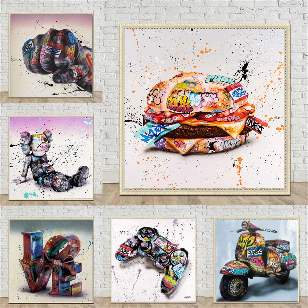 

Graffiti Art Color Poster Hamburger Text Canvas Painting Abstract Banksy Street Art Poster Prints Wall Pictures Home Decor Gift