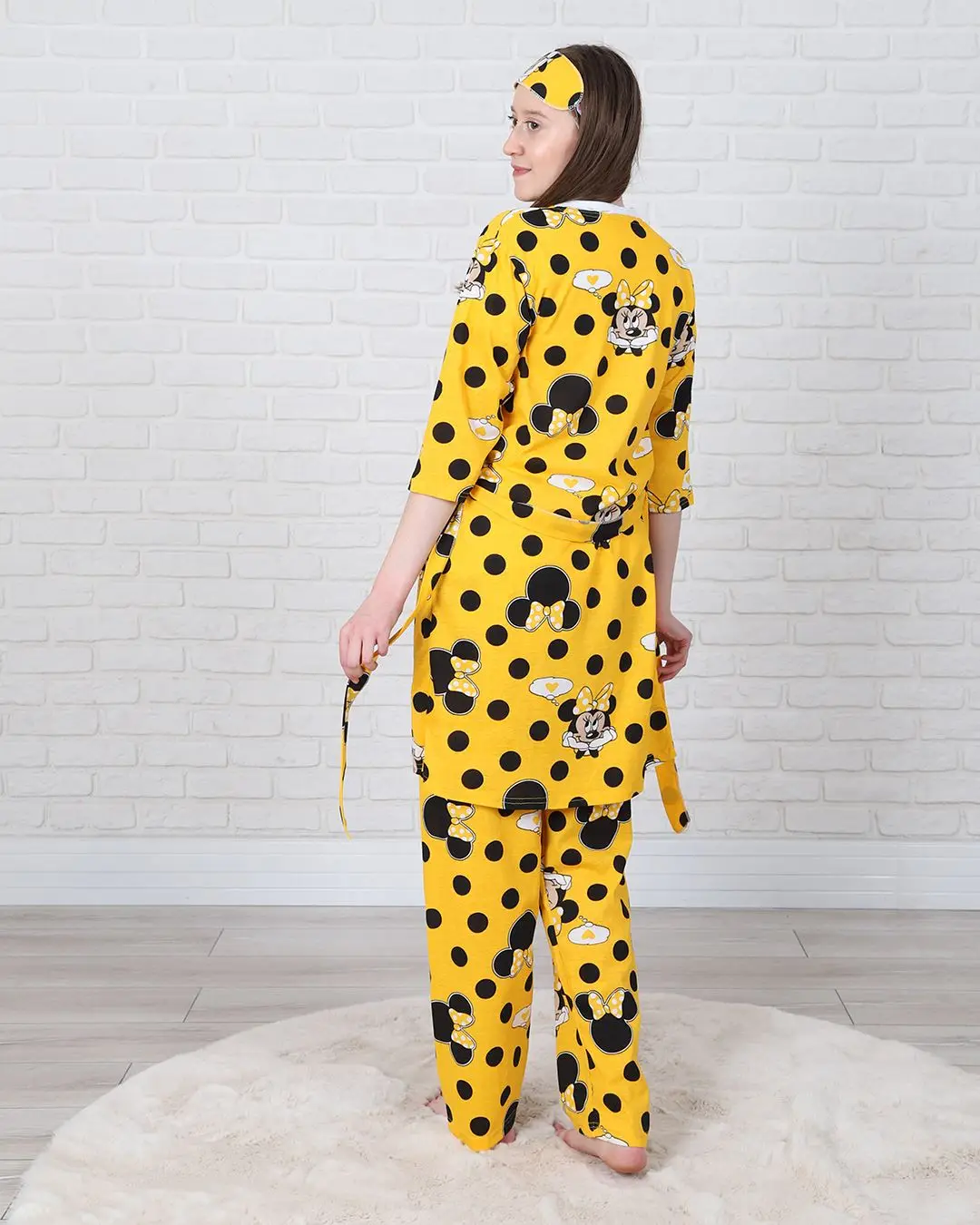 

Luxury Yellow Cartoon Long Cotton Pajamas 4 pieces Set