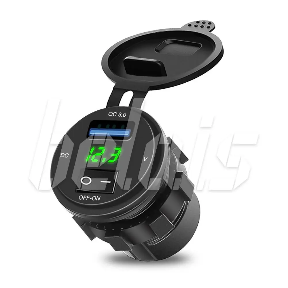 Вольтметр цифровой с выключателем и USB QC 3.0 Kombi (зелёная подсветка 12V) #18700 |