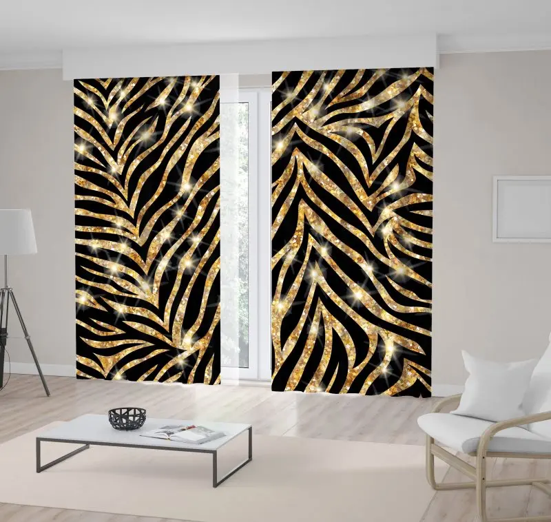 

Curtain Gold Zebra Pattern on Black Background Stylish Chic Animal Print Glittering Festive Theme Artwork Print