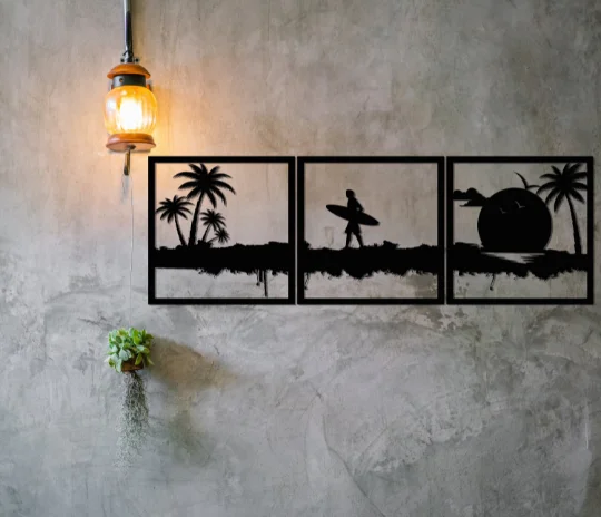 Surfista-Arte de la pared Decoraci&oacute;n de Metal, Juego de 3 uds., decoraci&oacute;n de la Oficina del hogar, escultura de decoraci&oacute;n para sala de estar, pared de metal de mar, minimalista-5