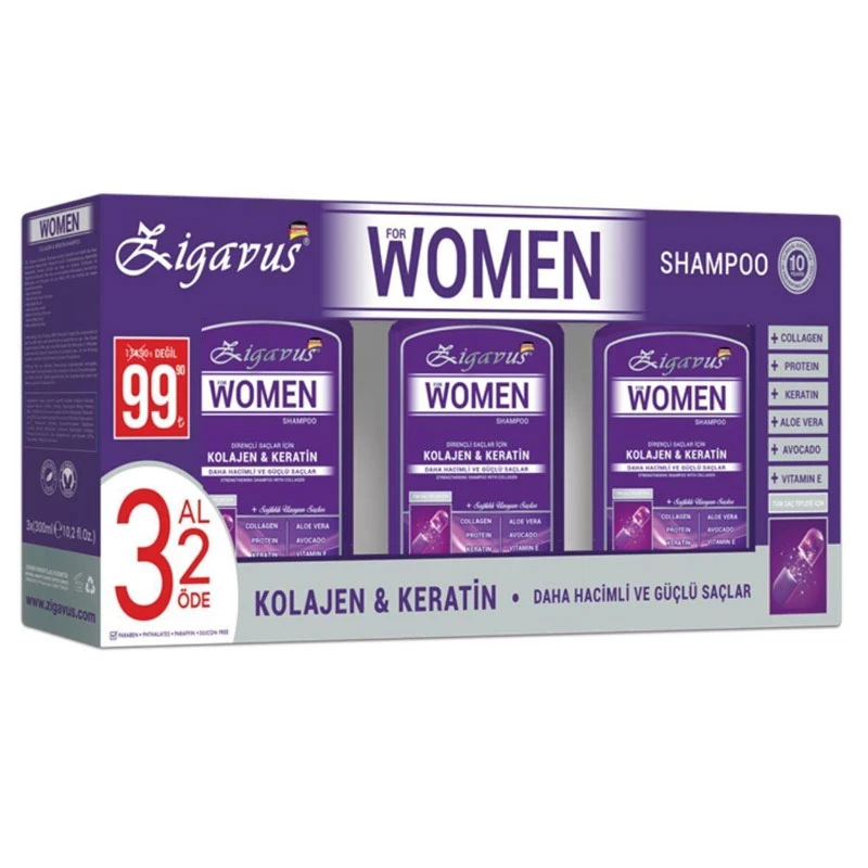3 Get 2 Pay Zigavus Clinical Women Collagen and Keratin Shampoo 300 ml Nourishing Damage Repaired