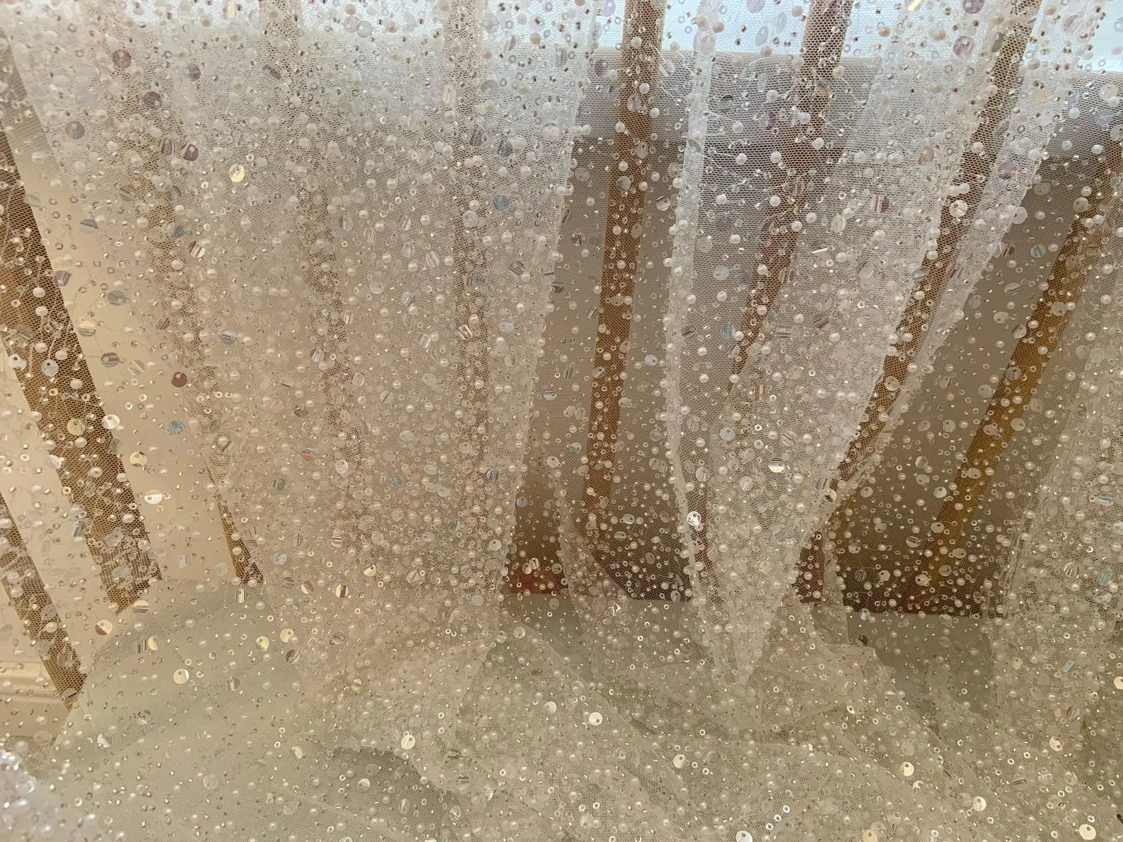 

French Tulle Lace Fabric With Sparkle Sequins For Bridal Dress