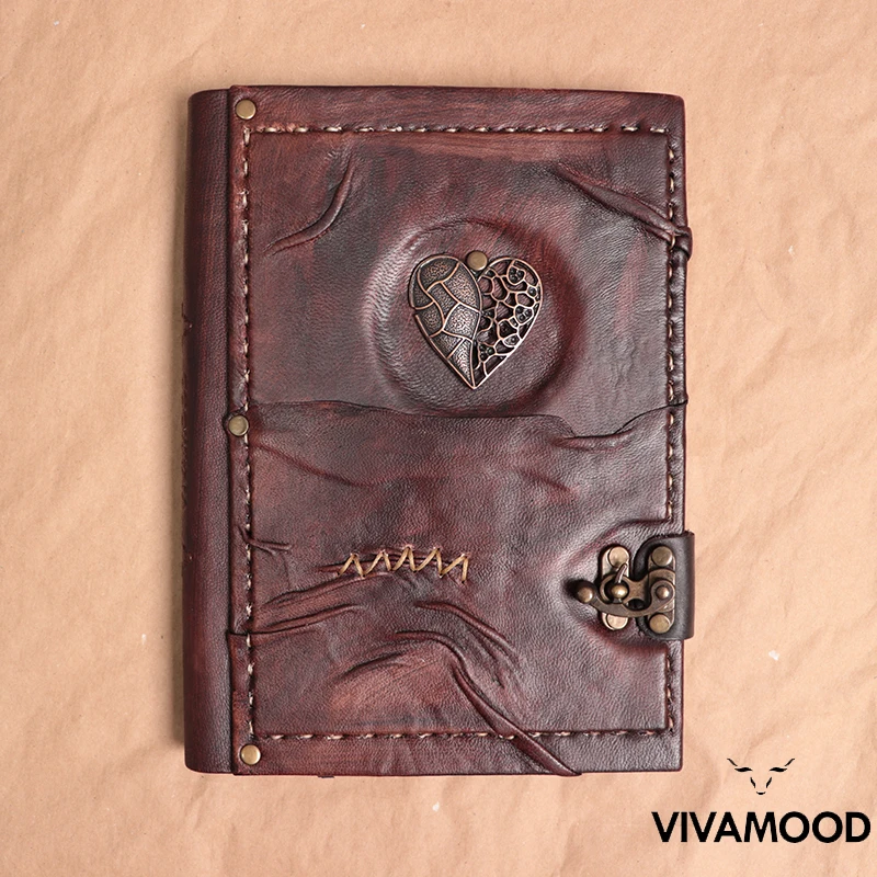 Vintage Leather Journal & Notebook Heart Embossed Notepad - Leather Diary With Lock - Poetry Leather Book - Travel Journal Book