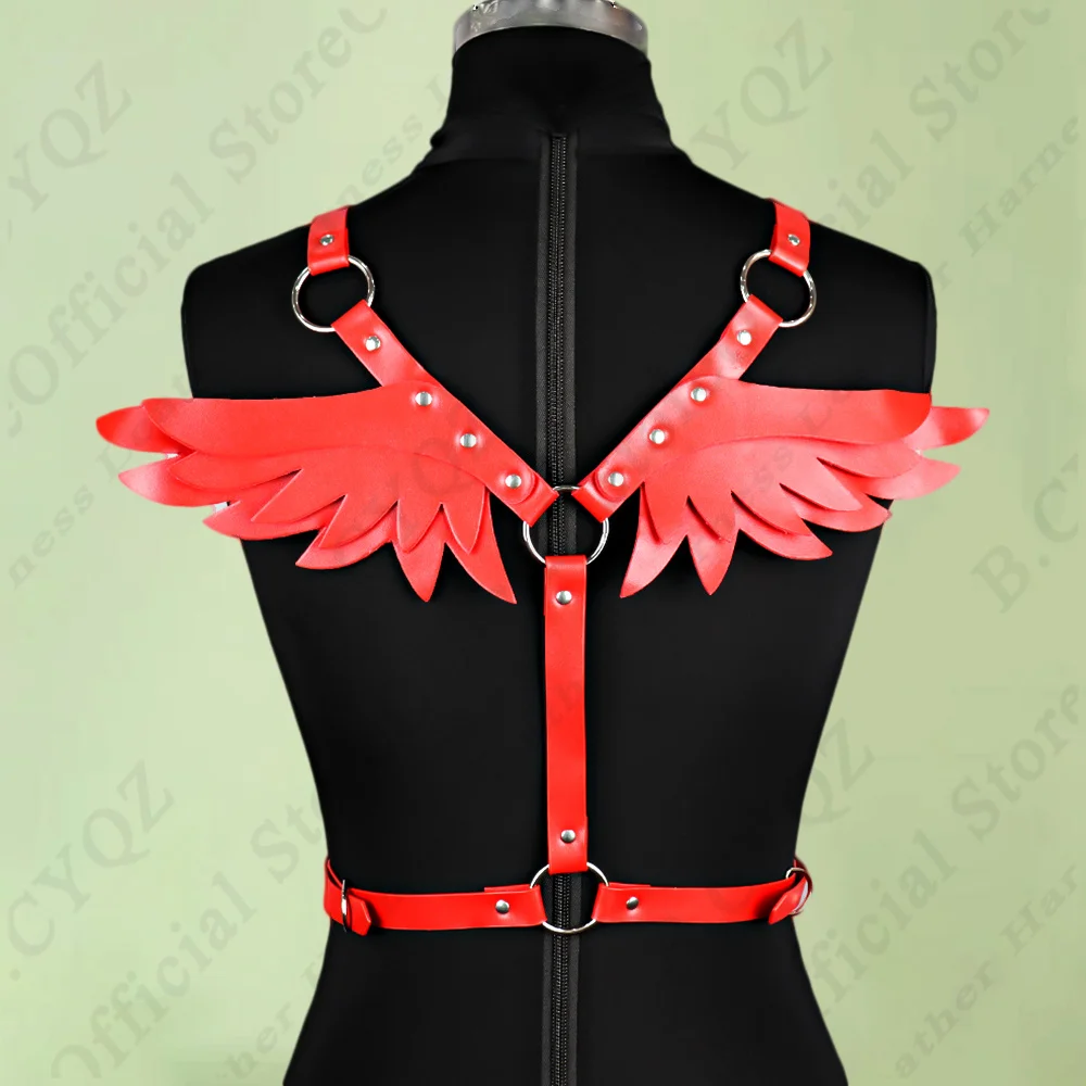 B.CYQZ Pu Red Leather Harness Belt Angel Wings Full Body Bondage Garters Women Gothic Adjustable Fetish Suspenders Rave Clothing