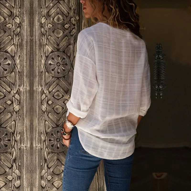 Women Cotton White Casual Top Long Sleeve Leisure Blouse Double V-neck Tops Lady Shirt | Женская одежда