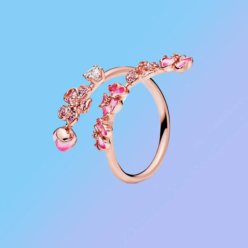 

2022 S925 Sterling Silver High Quality Brand New Original 1:1 Fashion Charm Sparkling Pink Peach Branch Open Ring Romantic Ring