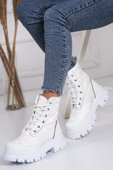 

White Color Spring Leather Ankle Boots Women Platform Chunky Sneakers High Top Waterproof Fabric Shoes 2021 Styles Elastic
