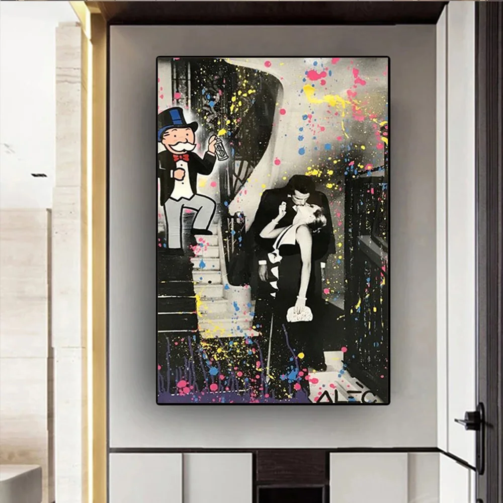 

Couple Kissing on Street Stairs Canvas Painting Black and White Graffiti Poster and Print for Living Room Wall Art Home Decor