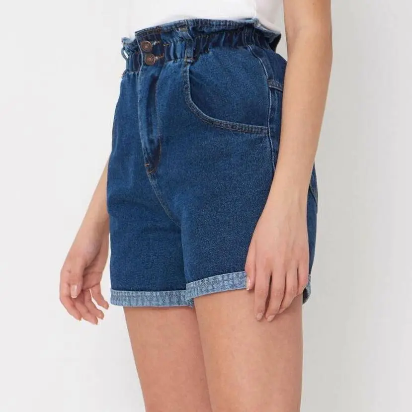 2021 Summer High Waist Denim Shorts Women Casual Loose Ladies Fashion Roll Up Hem Elastic Pocket Blue White Jeans Female