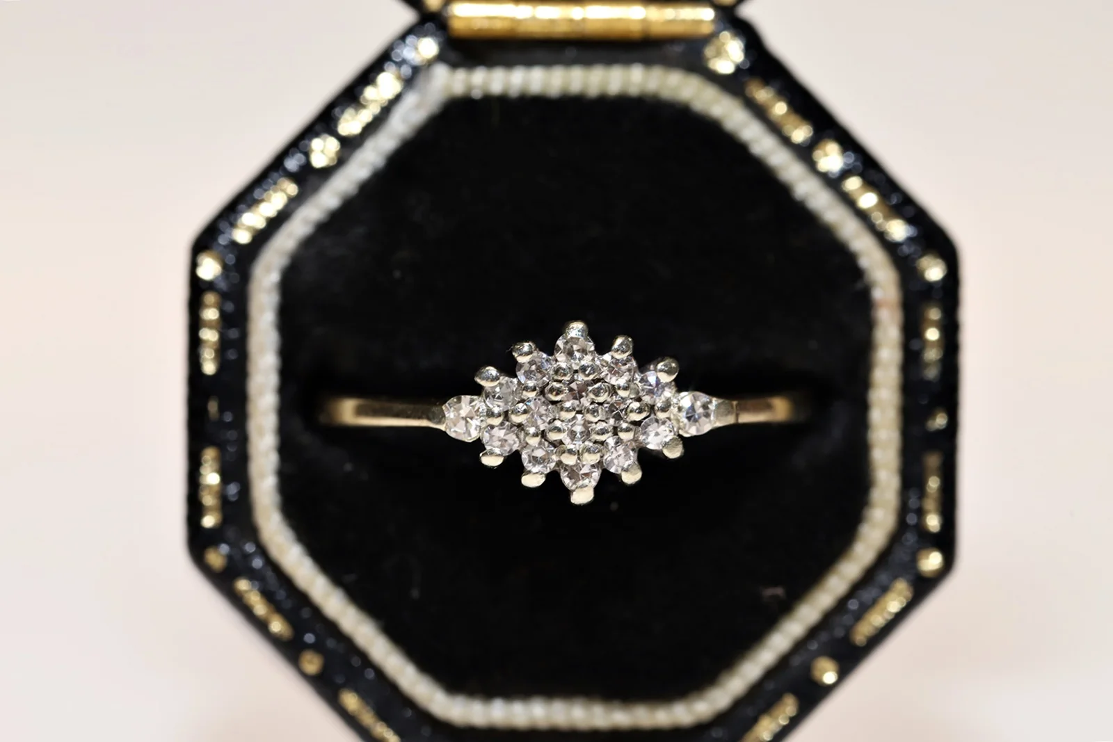 

Perfect Original Vintage 9K Gold Natural Diamond Decorated Pretty Navette Style Ring