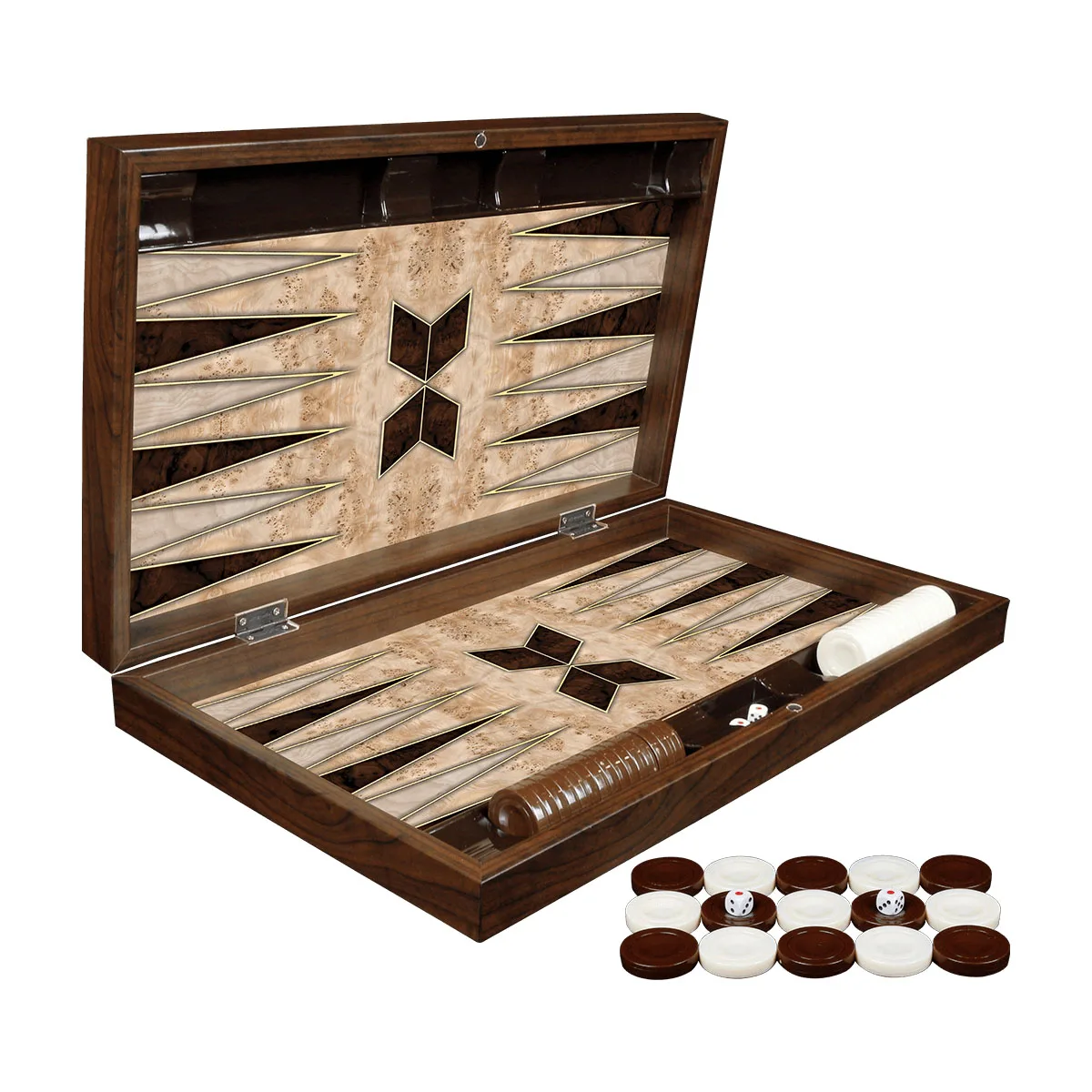 Luxury Backgammon Board Game Set Wooden Geometric Walnut - With Chips & Dices - Gift For Parents Friend-Checkers Pieces Stones