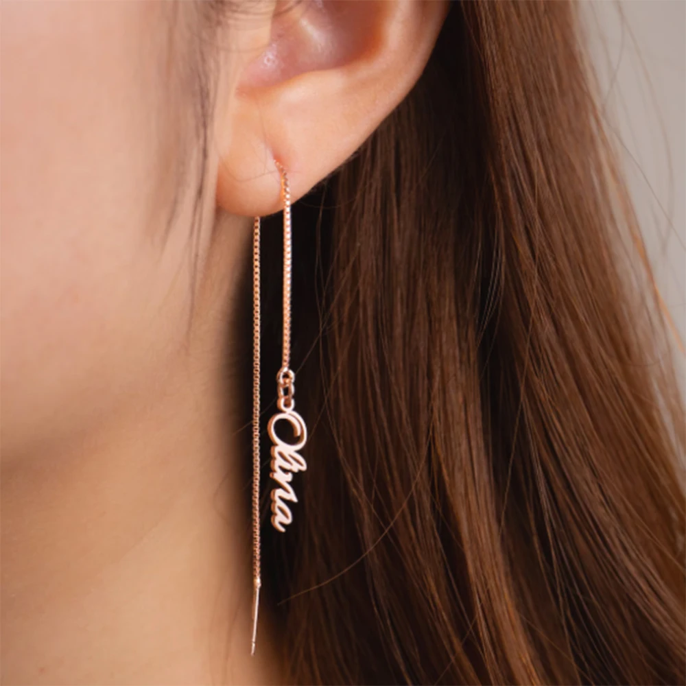 Custom Name Earrings Personalized Name Threader Earrings Gold Stainless Steel Dangle Long Chain Ear Line Ear Chain For Women