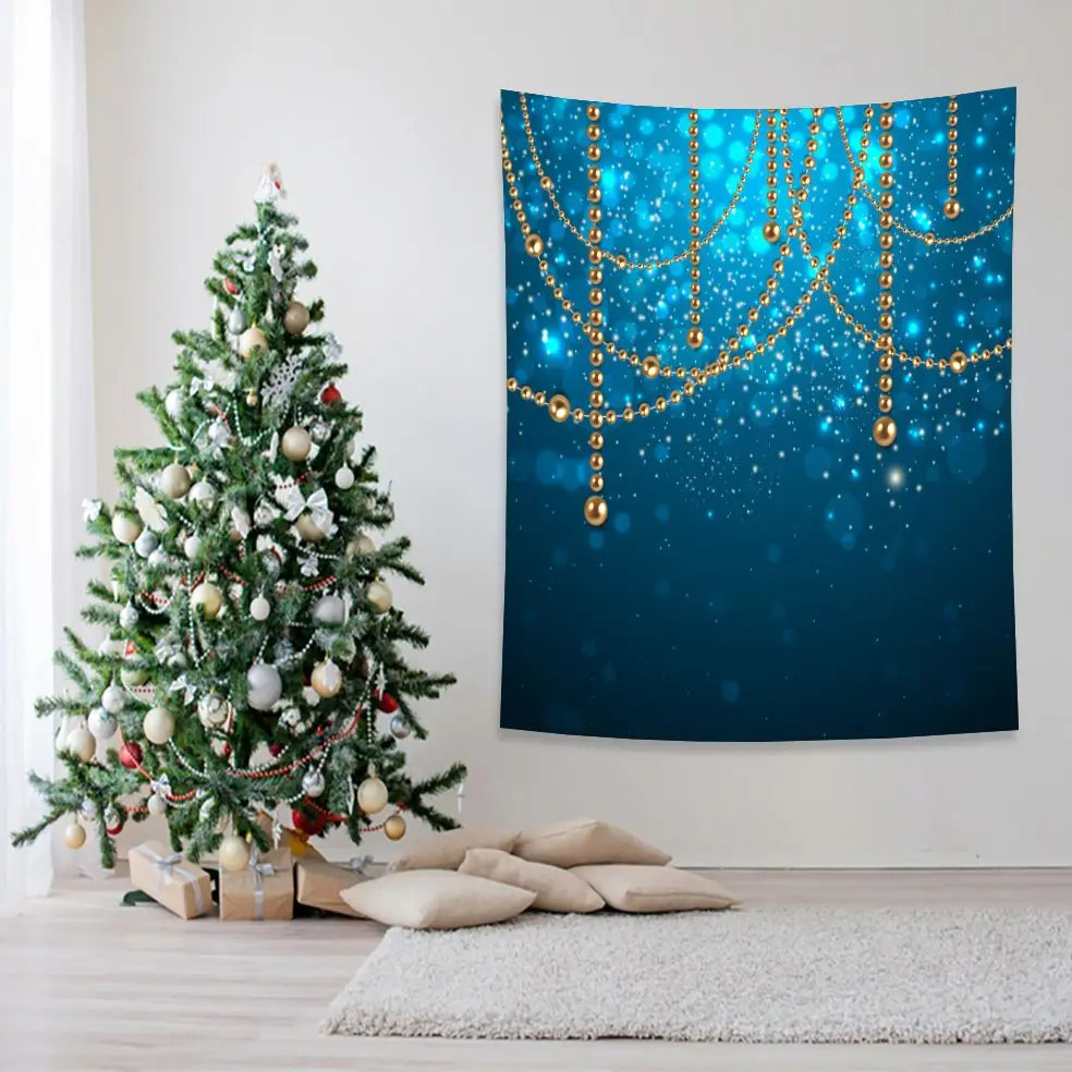 Tapestry Golden Decorating Baubles On Glowing Holiday Becomes Blurred Background Snowflakes And Stars Yellow With Blue | Дом и сад