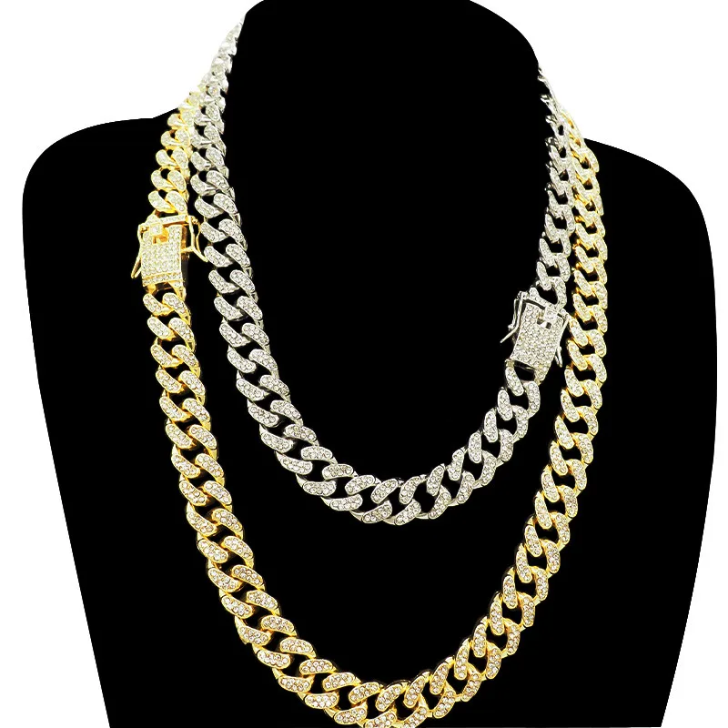 

Стразы золотое ожерелье в стиле хип-хоп Мужская цепочка из кубинской цепи Серебряный чокер ожерелье рэпера браслет украшения в стиле панк х...