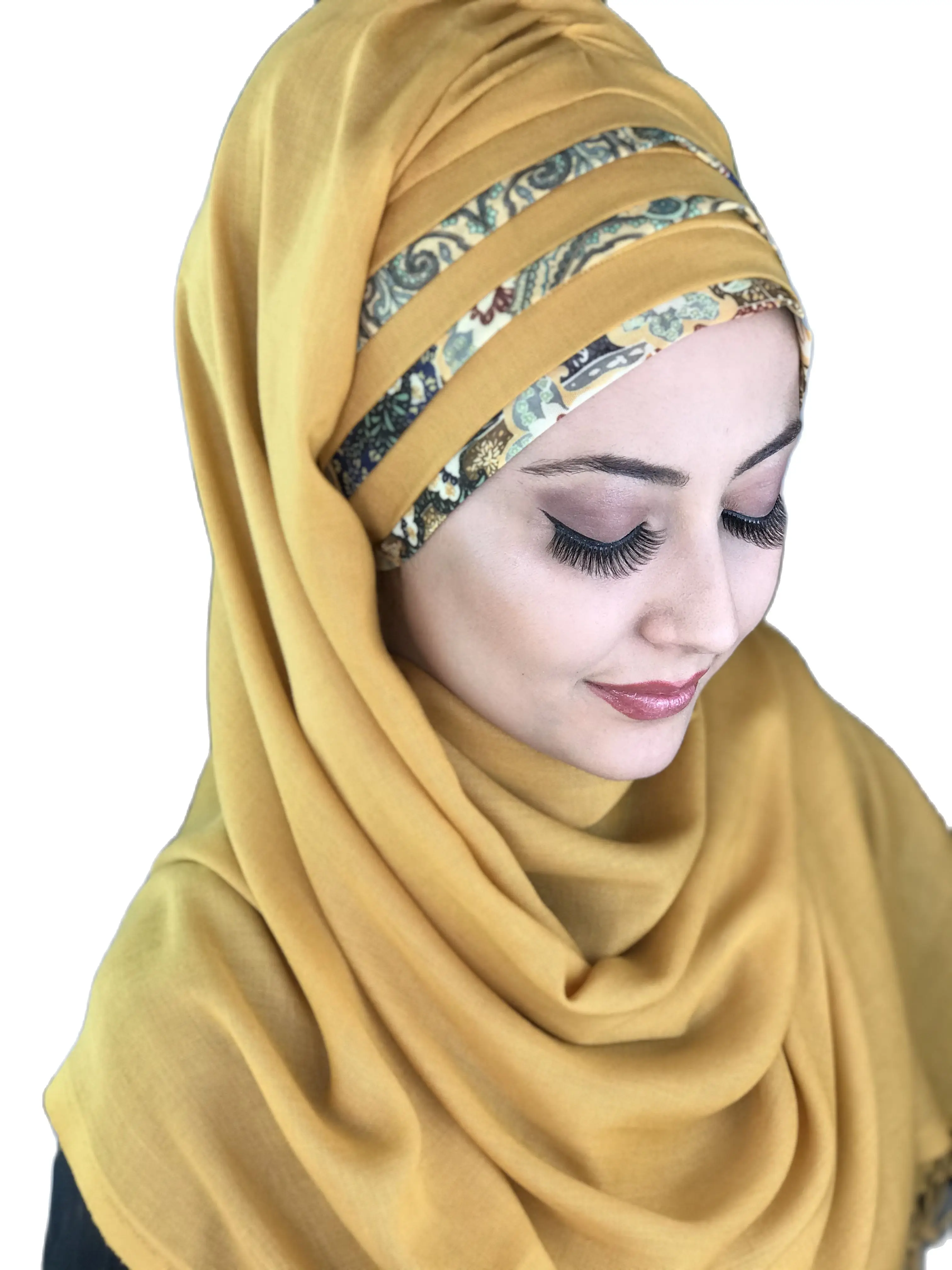 Yeni Moda Tesettür Kadın 2021 Müslüman İslam Elbise Şapka Fular Türban Şifon Dökümlü Hazır Hardal Sarı Şal