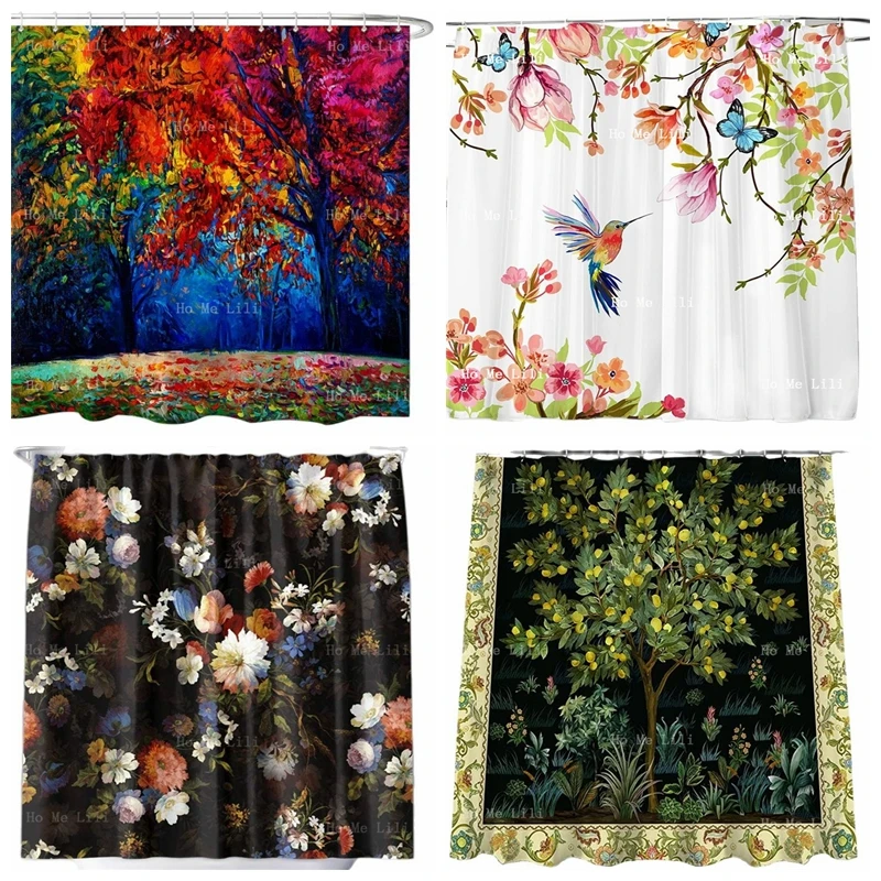 Autumn Forest Colorful Black Floral William Morris Yellow Fruit Green Tree Of Life Hummingbird Shower Curtain