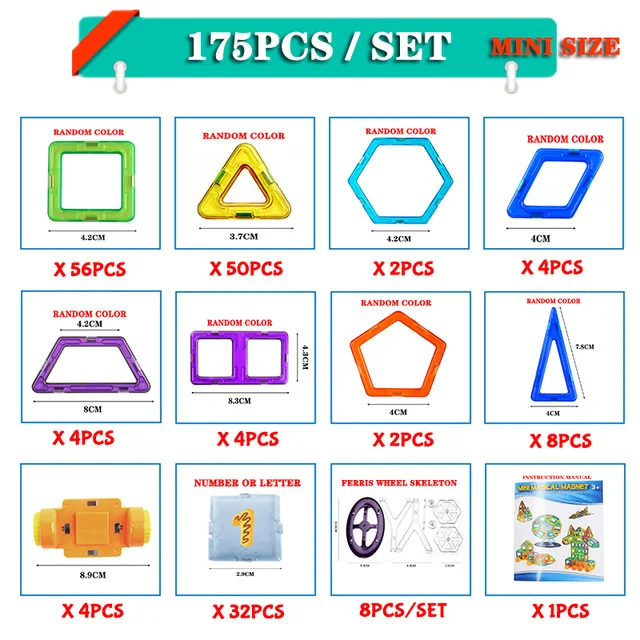 175pcs Магнитный конструктор, конструктор для мальчиков, игрушки для малышей, блоки, мини развивающие наборы, модели, строительные магниты ABS, детские рождественские подарки - Цвет: 175pcs
