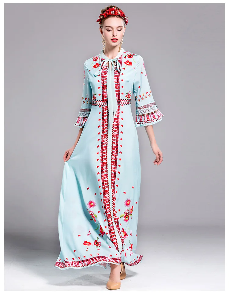 Light Blue Весна Лето Женское Платье макси с длинным рукавом размера плюс дизайнерское Брендовое платье винтажное цветочное черное кремовое праздничное платье - Цвет: Light Blue