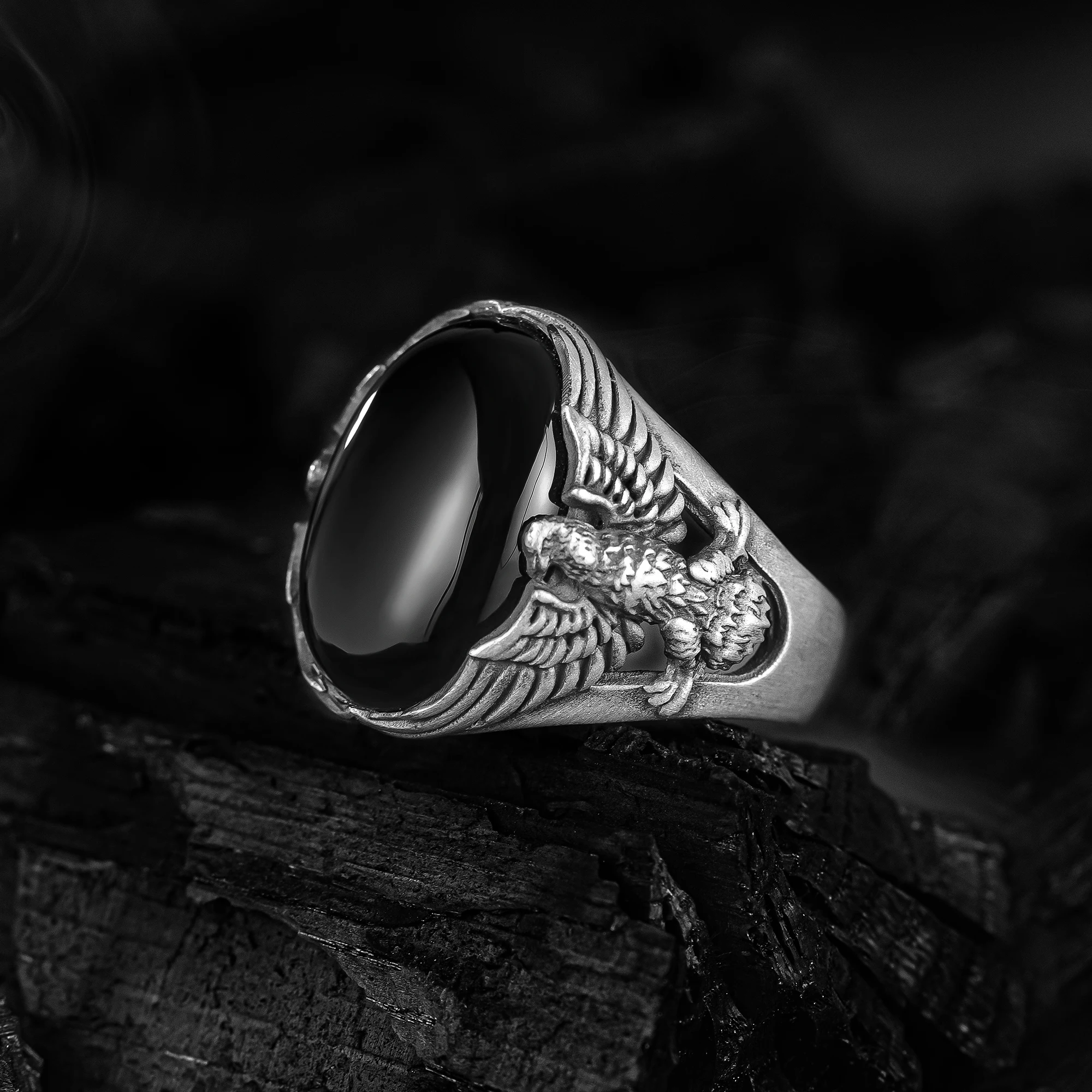 

Stone Winged Eagle Ring Solid 925 Sterling Silver Men Ring with Black Onyx Ring Raw Natural Gemstone Ring Made in Turkey