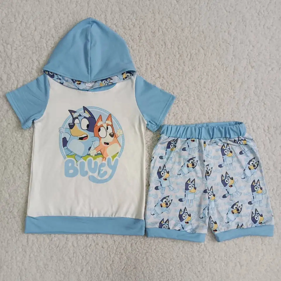 

Toddlers Baby Boys Cartoon Outfits Summer Short Sleeves Sky blue Hoodies Print Shorts Kids Clothing Sets Children Boutique Style