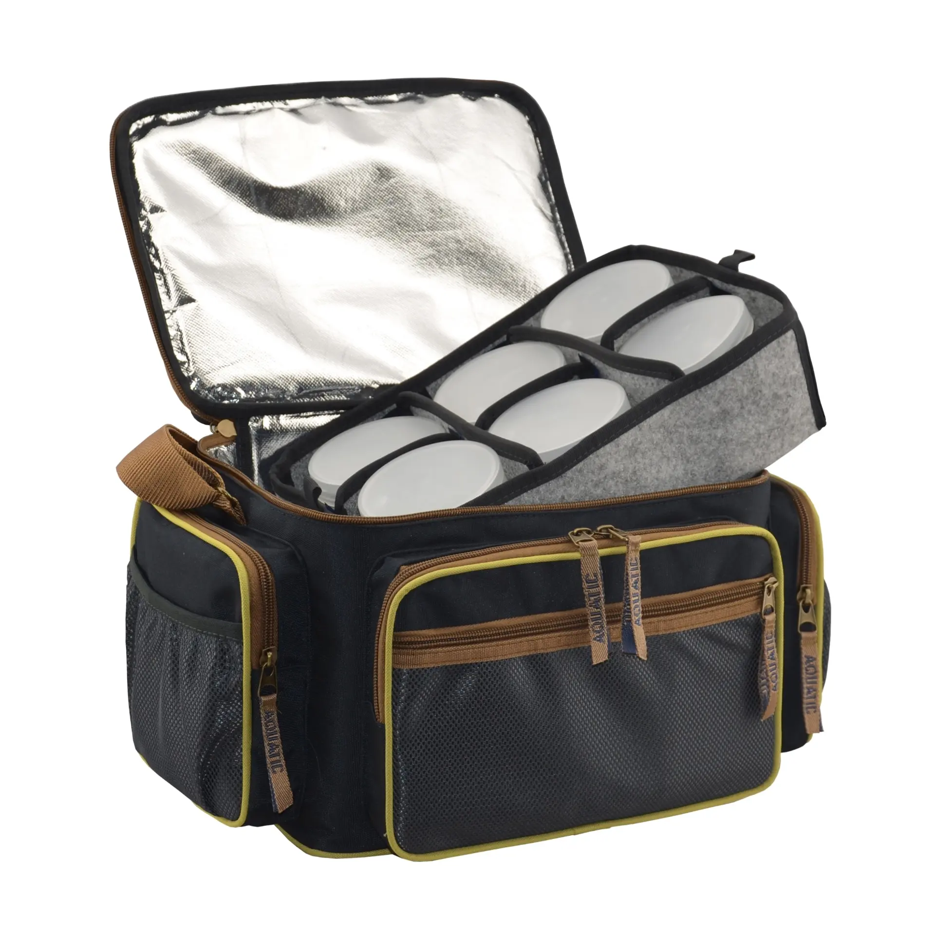 Fishing Thermo bag with banks 18 PCs for storing dips and nozzles aquatic C-43 (32x23x27 cm) |