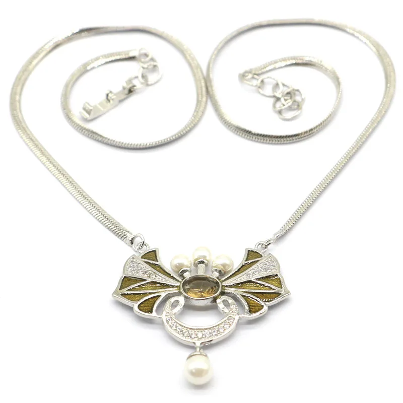 

40x40mm Ravishing 13.9g Created Smokey Topaz White Pearl Woman'ss Jewelry Making Silver Necklace 18-19inch