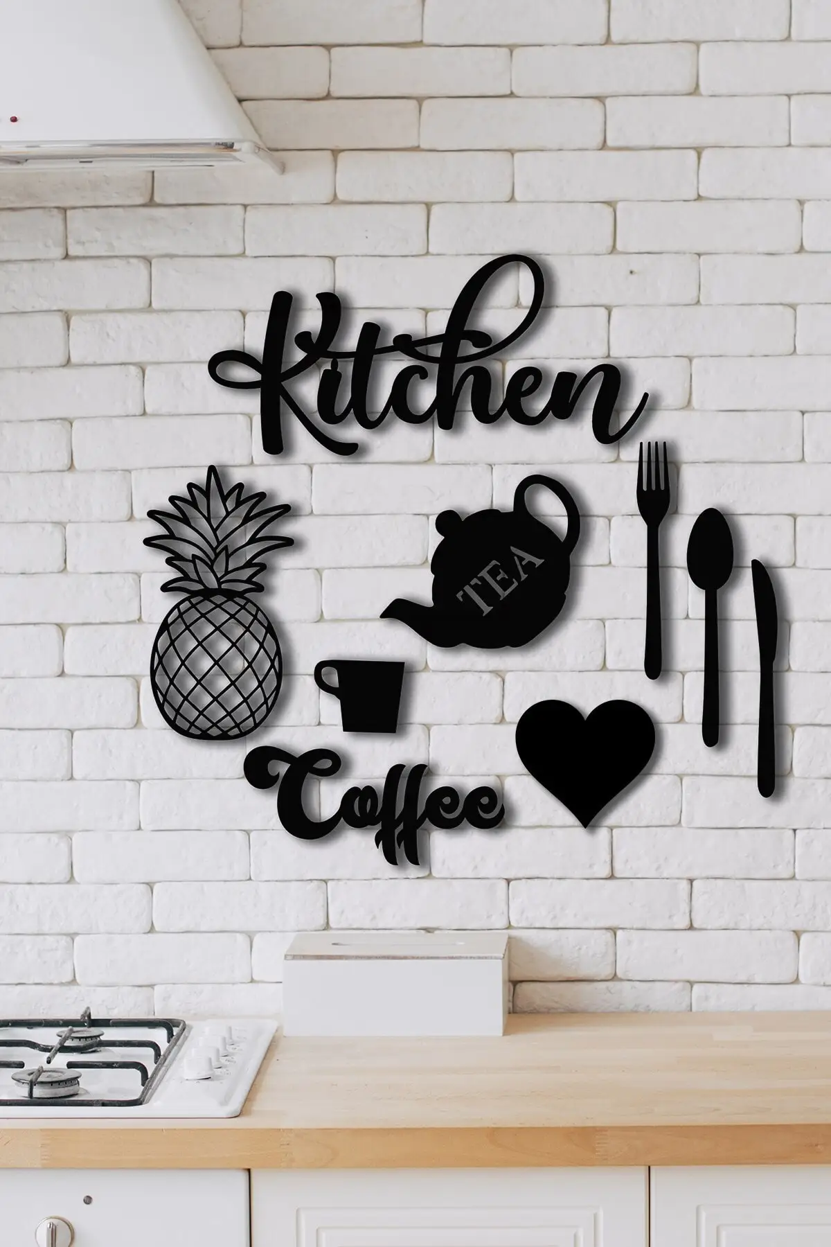 

Kitchen 9PCS Set Wall Concept Decor Black Wood Laser Cut Sticker Decorative Painting Cafe Restaurant Bar Luxury Design Accessory