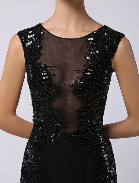Black Sequined Dress with Look Through Bodice Keyhole Back and subtle Train mermaid Evening Dress 2020