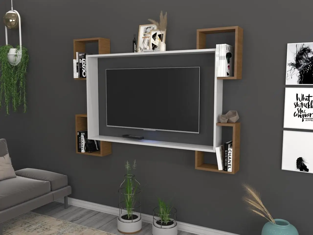 Home Furniture Tv Furniture TV Table TV Cabinet Wall TV Unit Trendsetter Bookcase Shelf Wall Tv Unit White Walnut