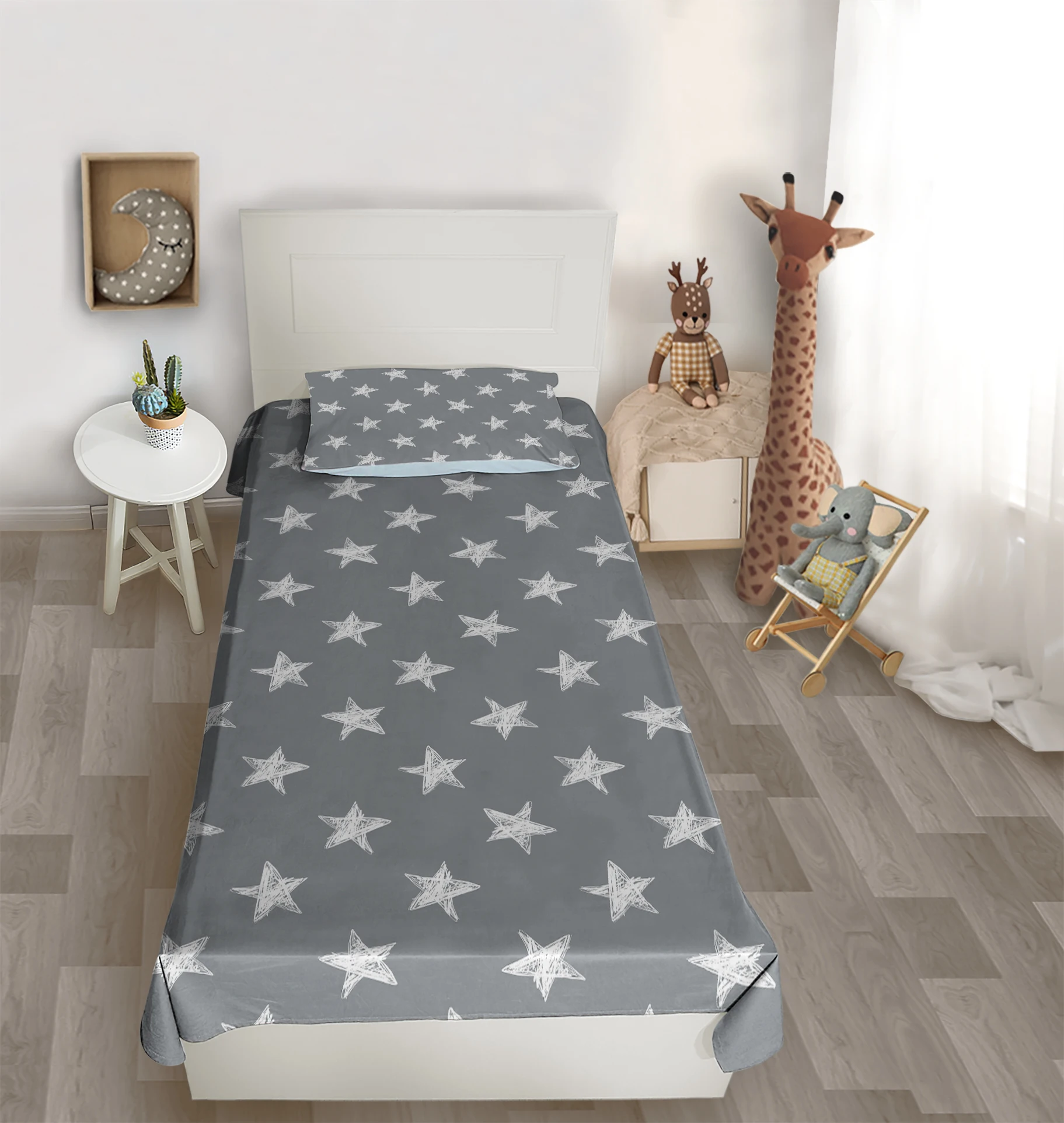 

Çocuk odası yatak örtüsü düz beyaz yıldız gri yatak örtüsü