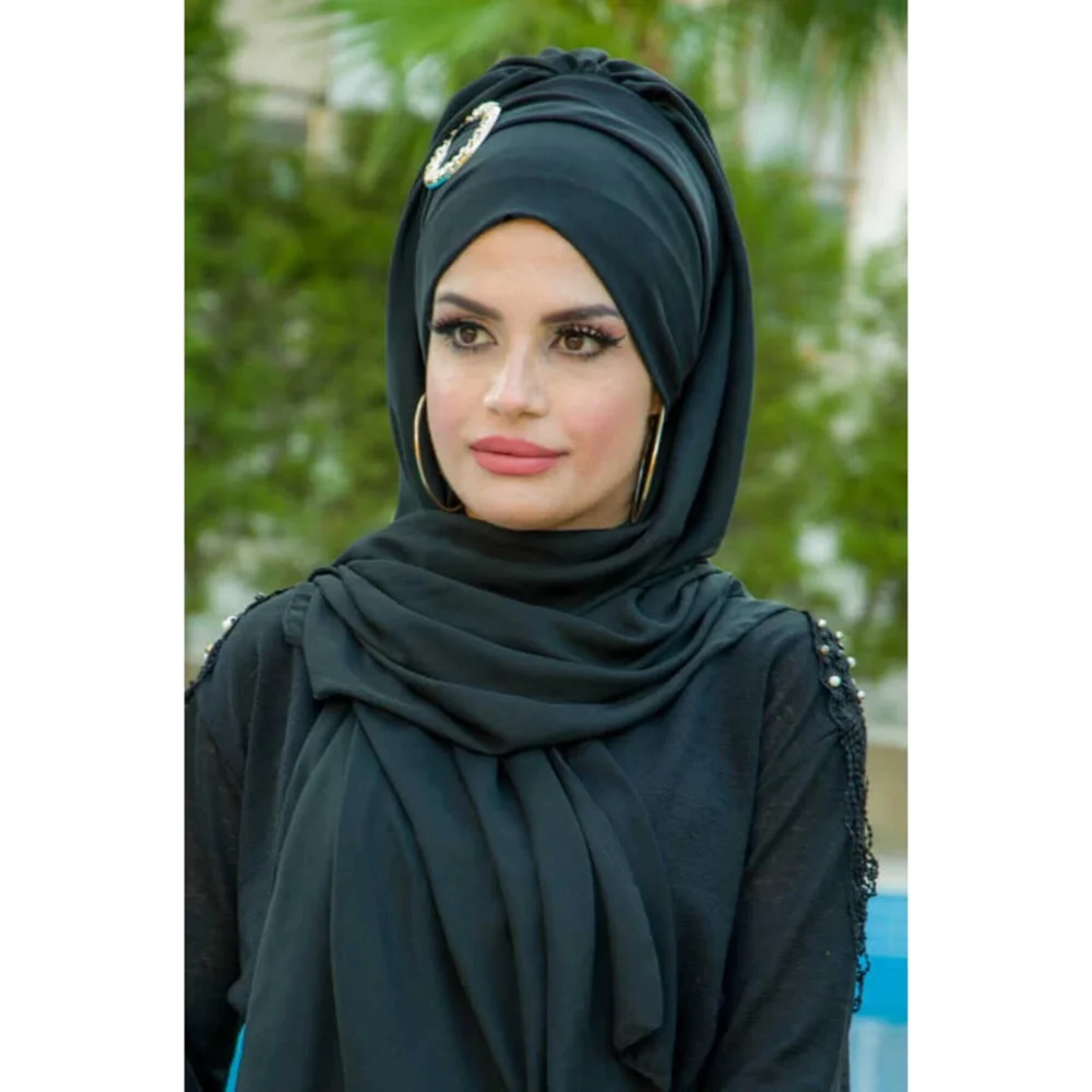Black Buckle Accessorized Ready Chiffon Evening Shawls Muslim Women Bridal Veil Hijab Hijab Scarf Ramadan Islamic Elegant Wedding For Fashion