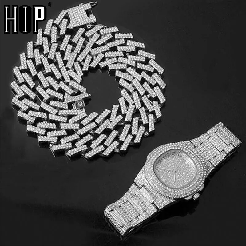 Часы + цепочка браслет хип-хоп Bling Iced Out кристалл 15 мм кубинский инкрустированный