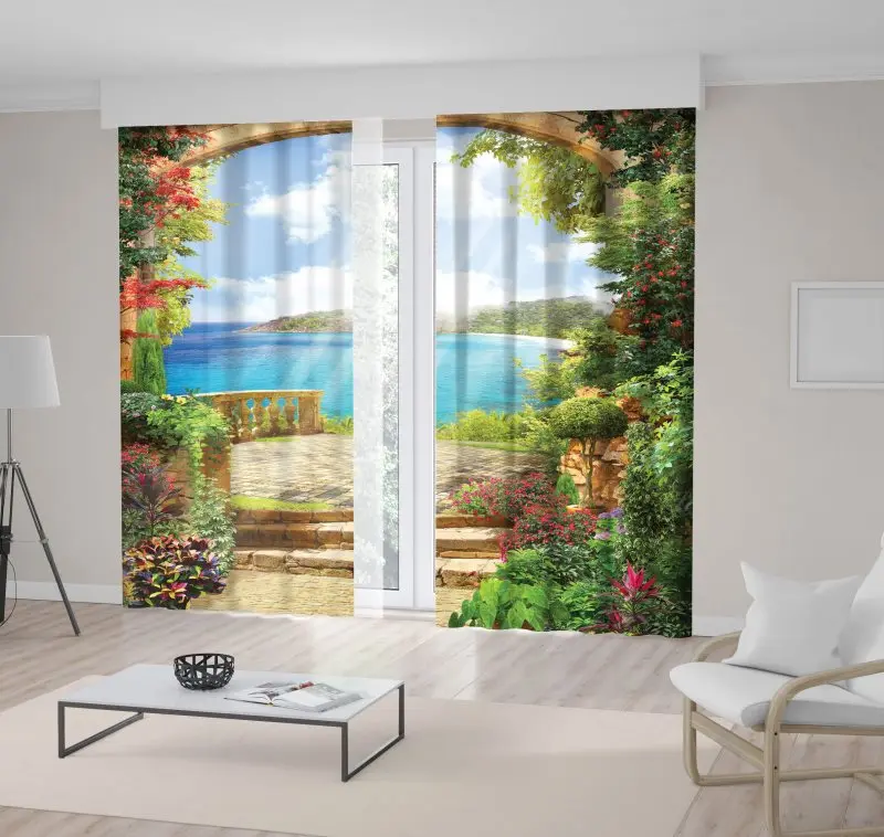 

Curtain Colorful Flowers Plants Garden and Ancient Stone Arch with Access to the Sea Sunny Summer Day View Green Blue beige