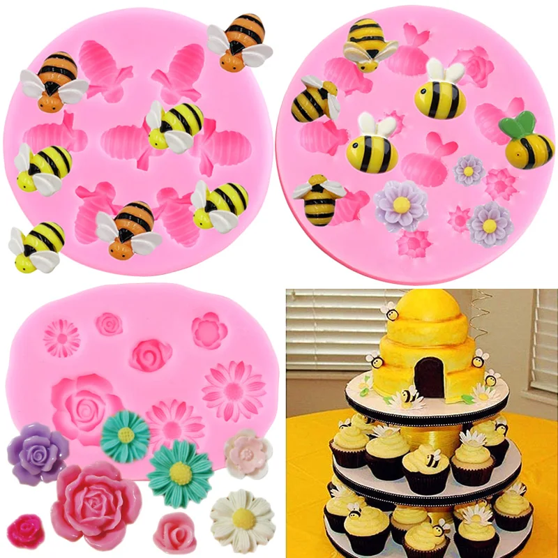 

Bee Flower Silicone Mold Sunflower Rose Daisy Fondant Molds Cupcake Topper Chocolate Cake Decorating Tool DIY Baking Accessories