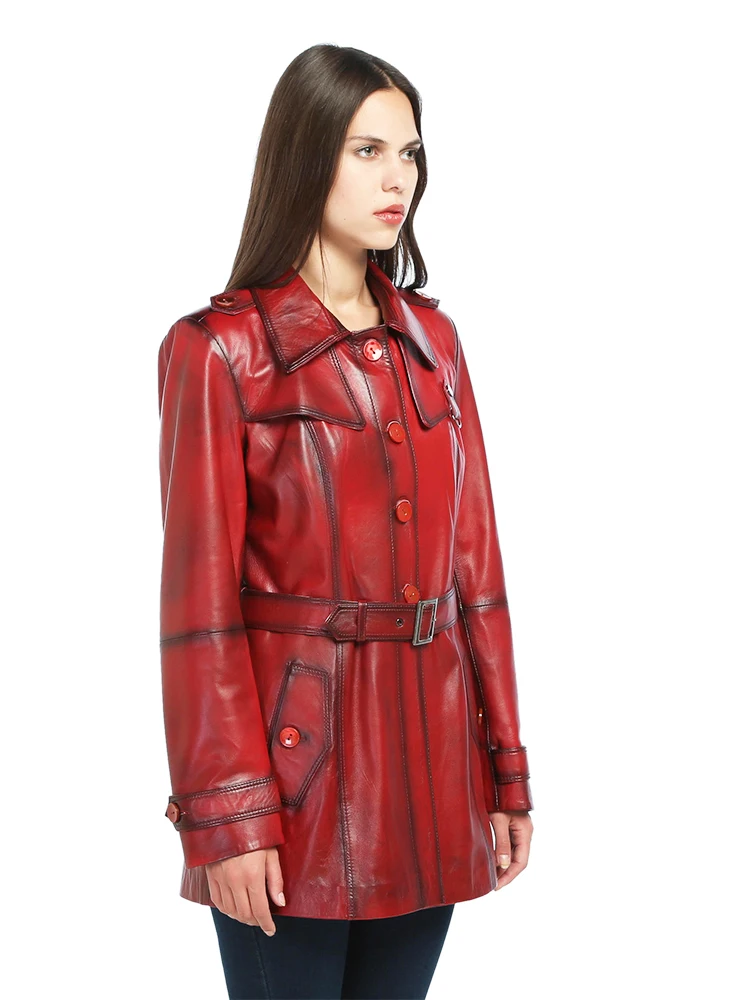 Genuine Soft Lambskin Leather Jacket Handmade Female Red Pink Trench Coat Woman Real Fur Custom Matrix Style Product Jackets