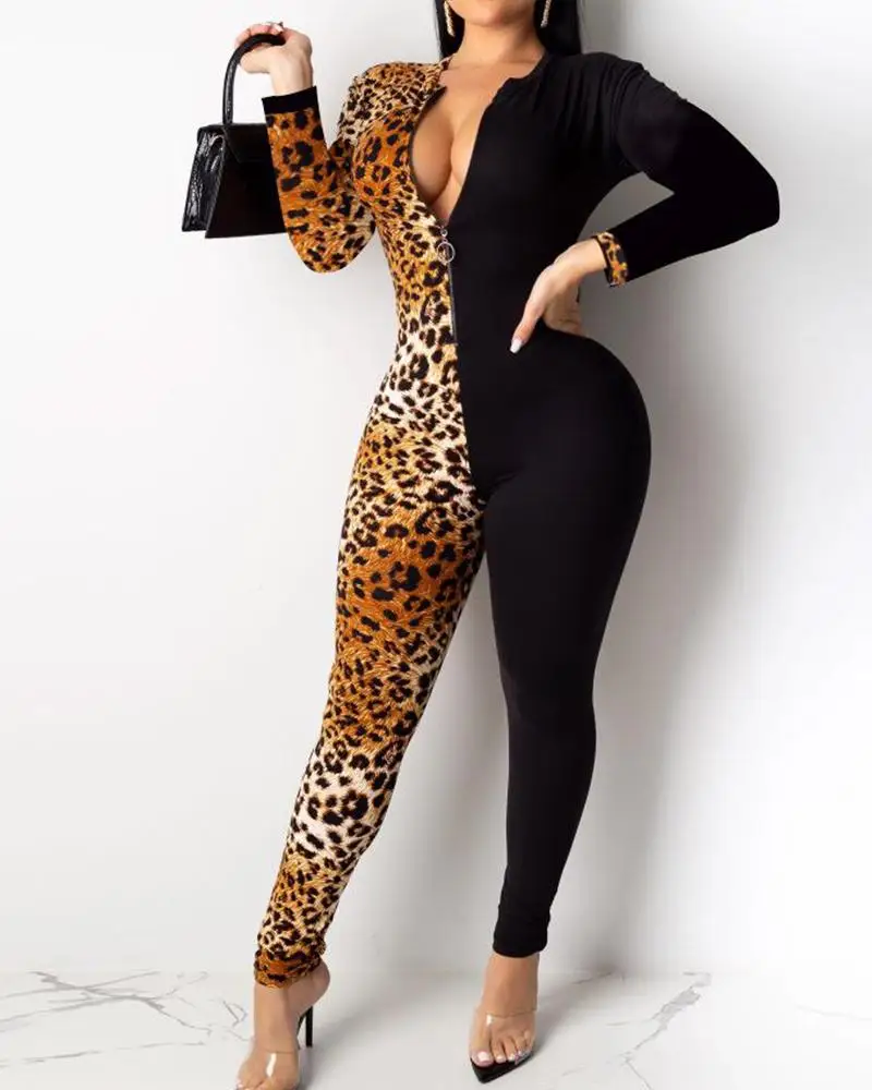2020 Women Sexy Elegant Fashion Notched Neck Leopard Contrast Jumpsuit Long Sleeve Patchwork Casual Party Jumpsuit Female Spring