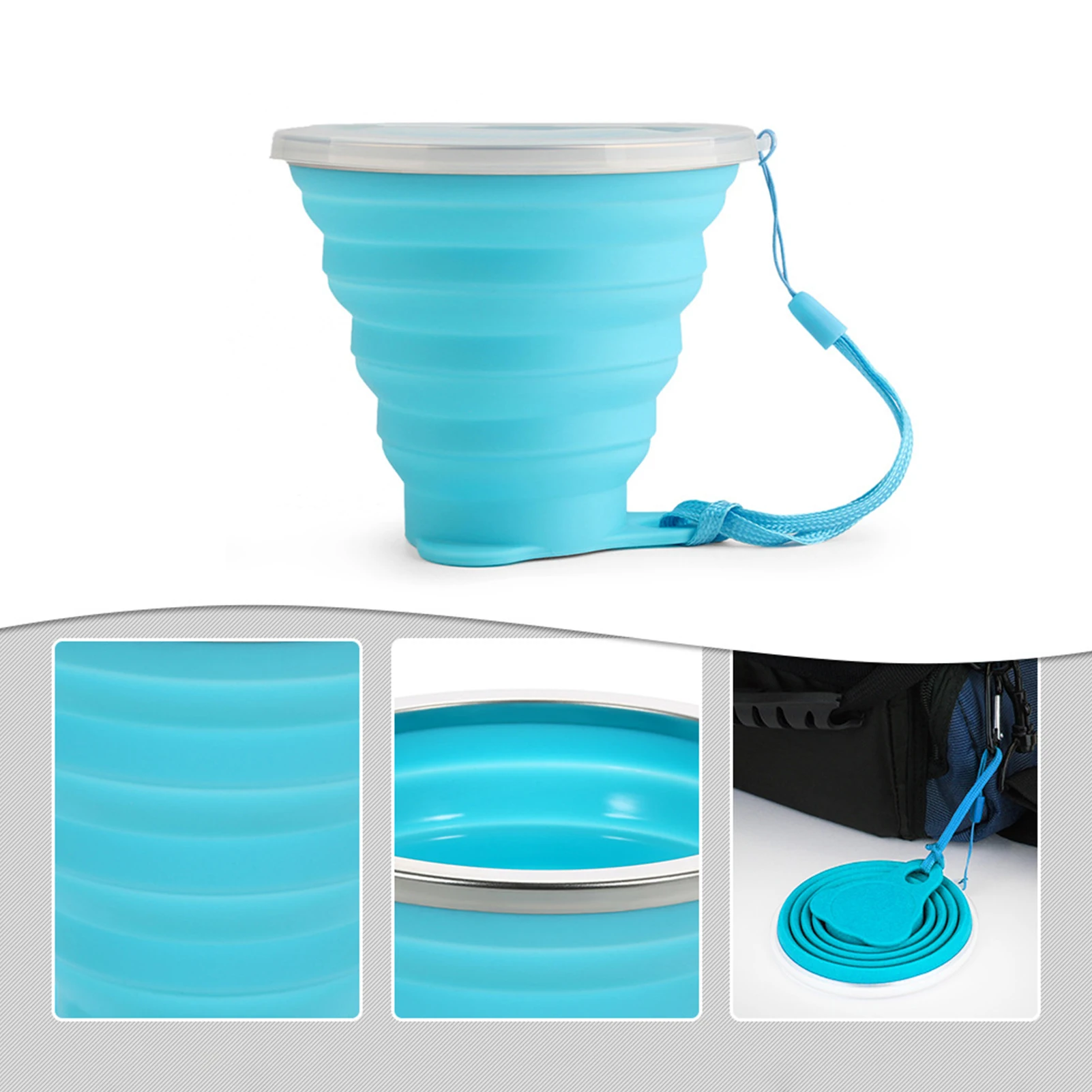 

270ml Outdoor Travel Folding Cup Portable Camping Water Cup Silicone Sports Cup Wash Cup with Lid and Rope