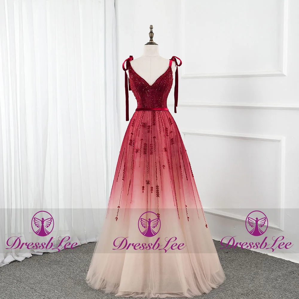 DressbLee2020 fashion red gradient evening dress fashion pageant ball gown shoulder strap tulle gem beaded red carpet dress