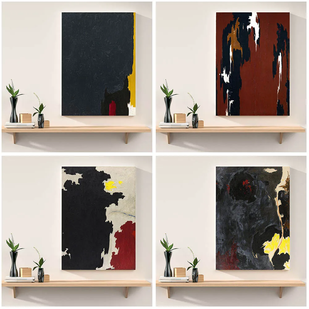 

Abstract Black Gray Color Wall Art Canvas Painting Yellow Prints Clyfford Still Modern Art Poster For Livingroom Home Decor