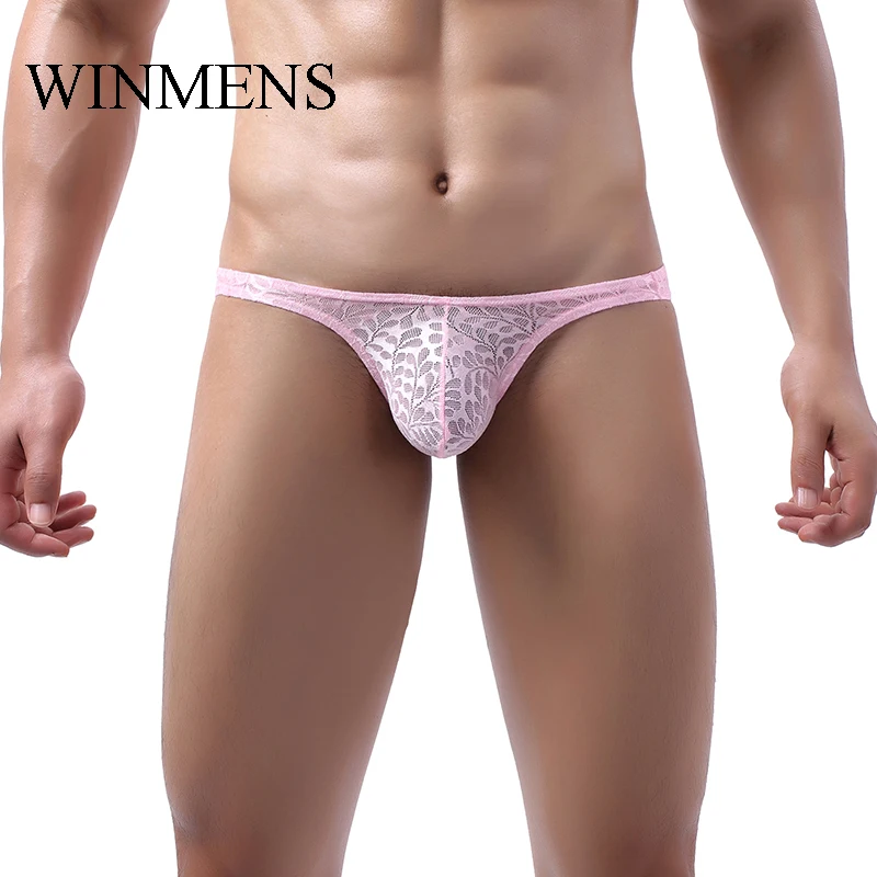 

Men's Mini Briefs Underwear Lace Patchwork Hollowed Out Bulge Pouch Jockstraps Panties Low Rise Breathable