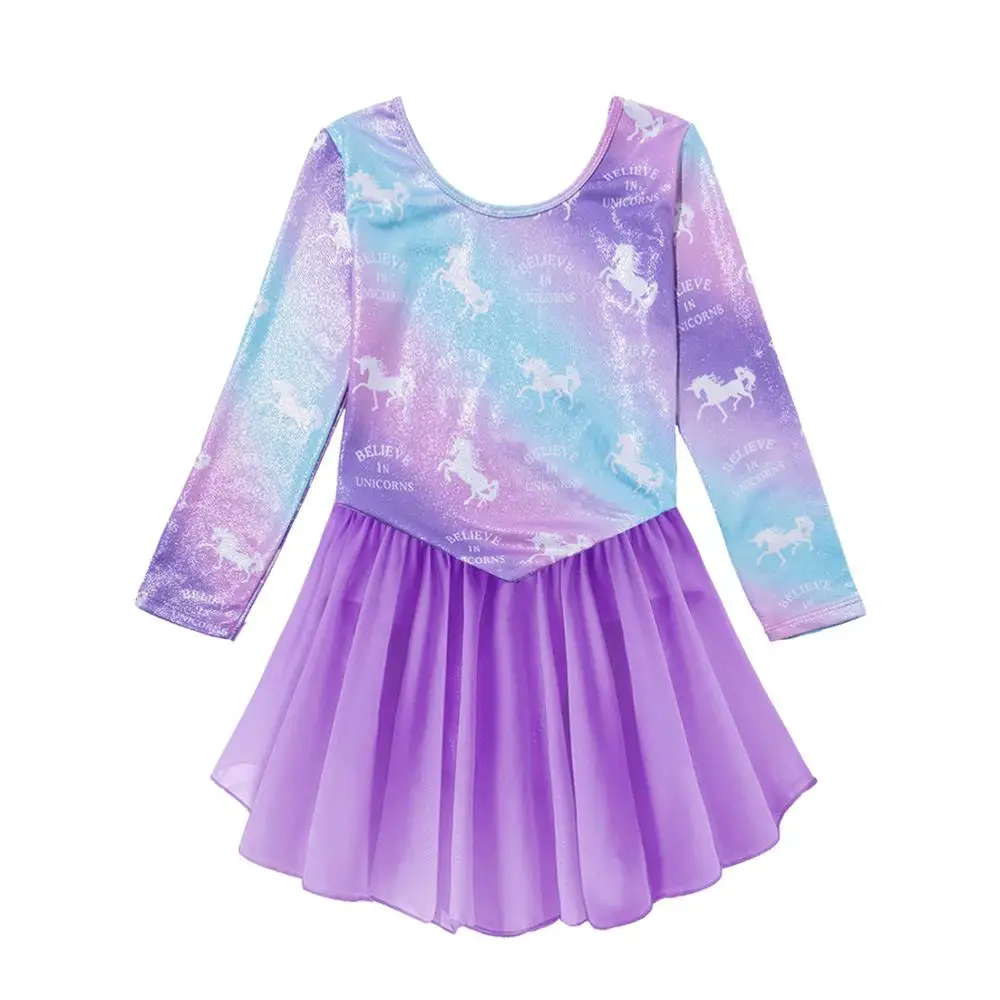 Трико для девочек с длинным рукавом Фиолетовый единорог гимнастический