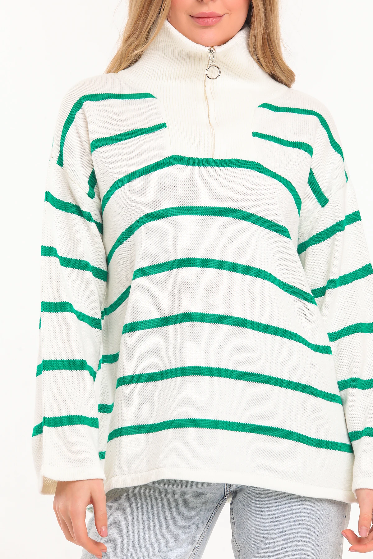 

Women's zipper collar green striped white sweatshirt casual 2021 Winter new season oversize casual building