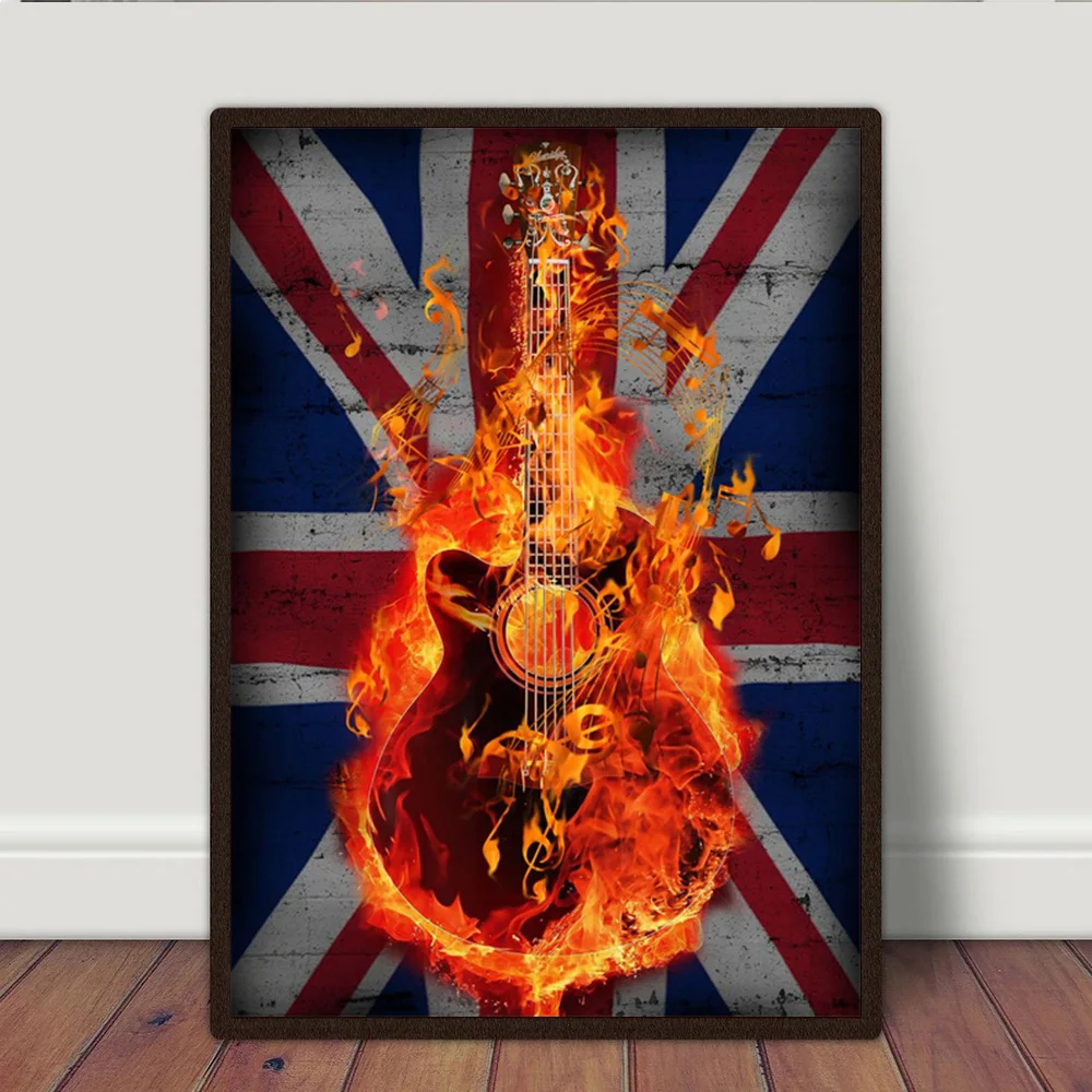 

Burning Guitar Art Canvas Painting Abstract Fire Poster and Print Musical Instrument Picture For Living Room Wall Art Home Decor