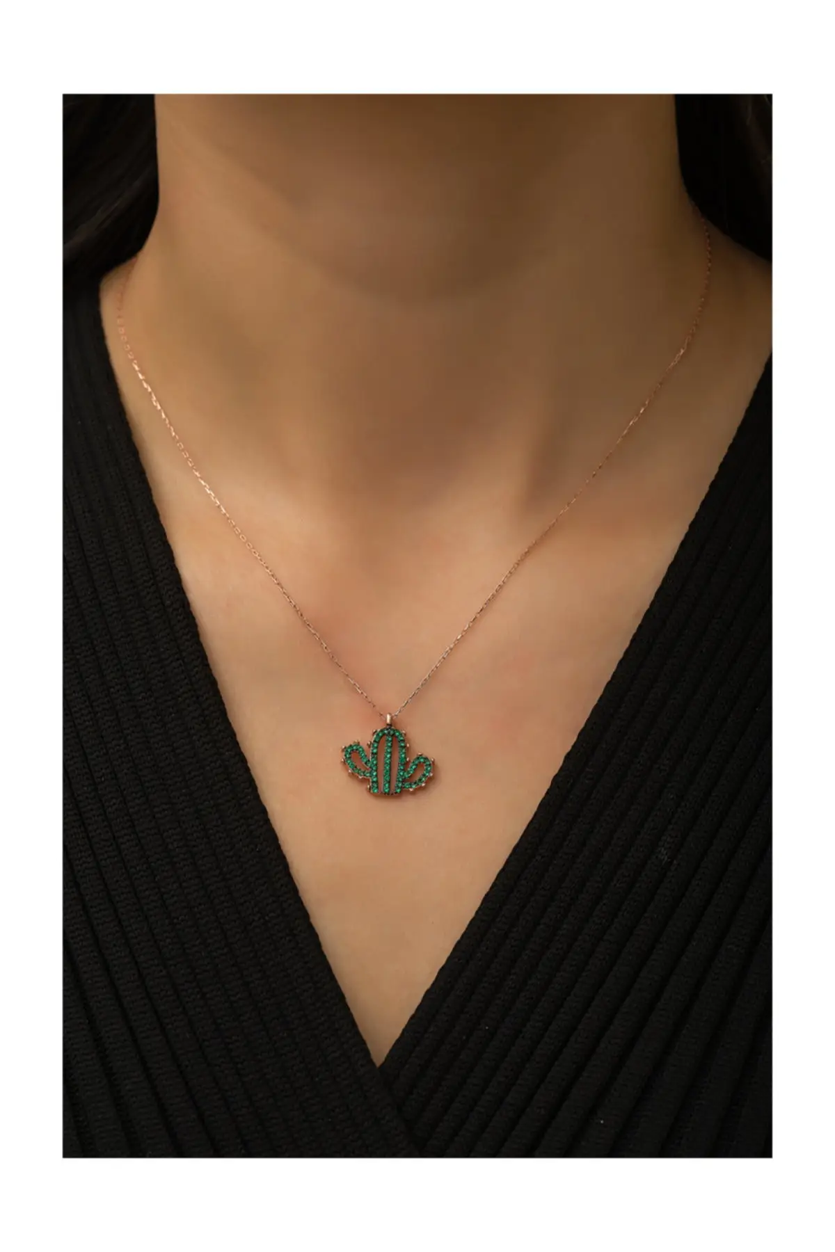 

Cactus Design Green Women Pendant With Zircon Stone, Fashion Rose Gold Necklace For Gift, Wedding Anniversary, Birthday